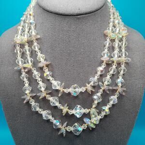 Vintage 1960s Crystal Bead Necklace, Three Strands, Rhinestone End Bars, 17"